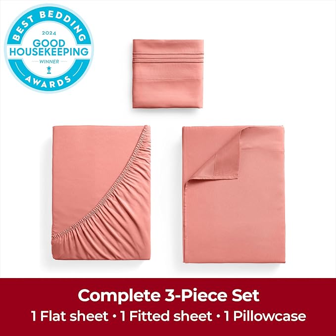 Mellanni Iconic 3-Piece, Ultra Soft Sheet Set (Twin, Coral) | 10M+ Sleepers. Lab-tested: Sleeps Cool, Stays Bright, Strong, Smooth. Good Housekeeping Best Bedding, 7 yrs running.