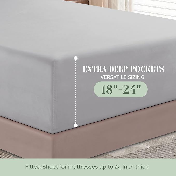 Elegant Comfort Luxurious 1500 Premium Hotel Quality Microfiber 4-Piece Sheet Set, 18-24 Inches Deep - Extra Deep Pocket Sheets - Ultra Soft 4PC Deep Pocket Sheets, Twin/Twin XL, Silver Gray