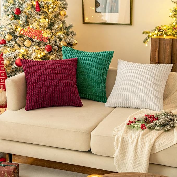 MIULEE Corduroy Decorative Throw Pillow Covers 18x18 Burgundy Pack of 2 | Soft Boho Striped Pillow Covers Modern Farmhouse Home Decor For Sofa Living Room Couch Bed
