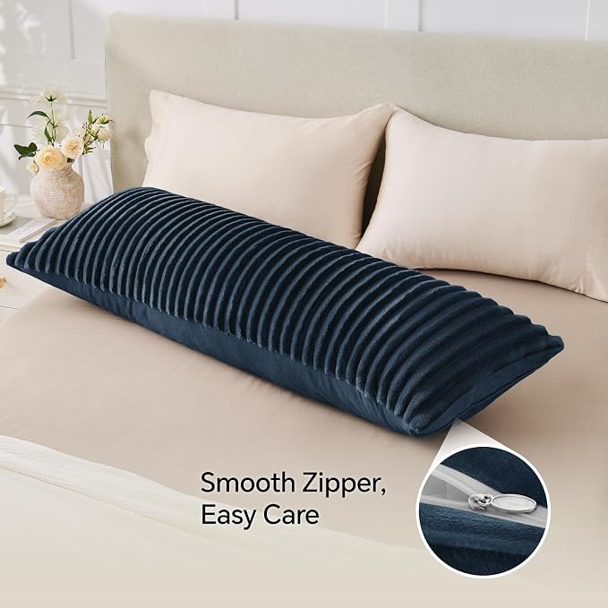 BEDELITE Fluffy Striped Body Pillow Cover with Zipper, Navy Blue, 20x54 | Ultra-soft Faux Fur with 8D Striped Texture, Comfy, Plush, and Cloud-like, Body Pillow Pillowcase for Bed Couch Room Decor