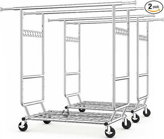 HOKEEPER Clothes Rack Heavy Duty Clothing Rack Load 650 LBS Collapsible | Garment Rack with Wheels Double Rod Clothes Rack for Hanging Clothes Commercial Portable Closet Rack, 2 Packs 22"D*75"W*68"H