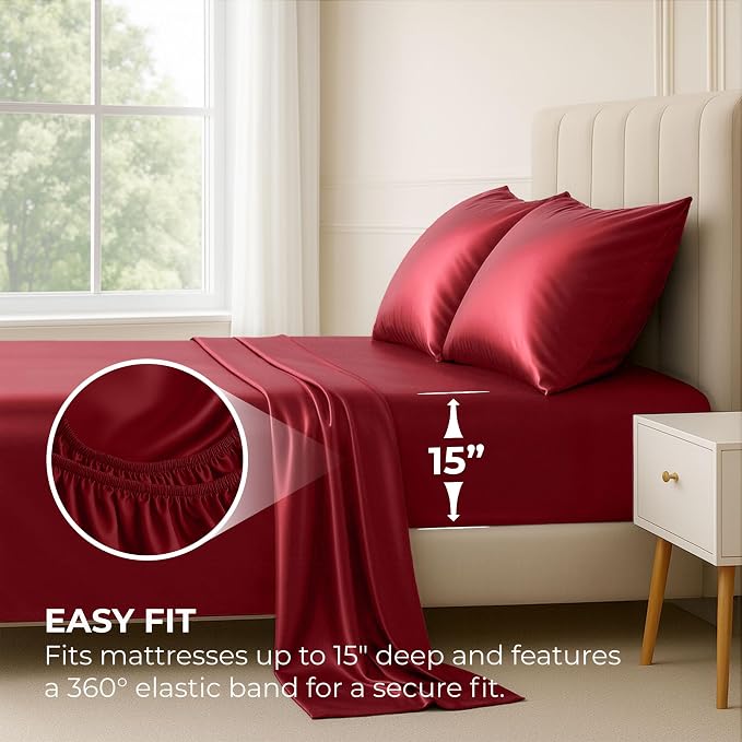Satin Sheets Full [4-Piece, Burgundy] Hotel Luxury Silky Bed Sheets - Extra Soft 1800 Microfiber Sheet Set, Wrinkle, Fade, Stain Resistant - Deep Pocket Fitted Sheet, Flat Sheet, Pillow Cases