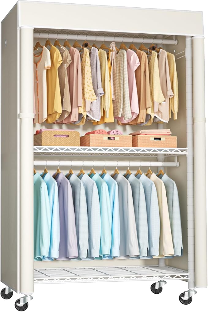 FUTASSI White Clothing Rack with Beige Cover, P1C Rolling Closets | Metal Garment Rack for Hanging Clothes, Clothing Storage Wardrobe, with Wheels