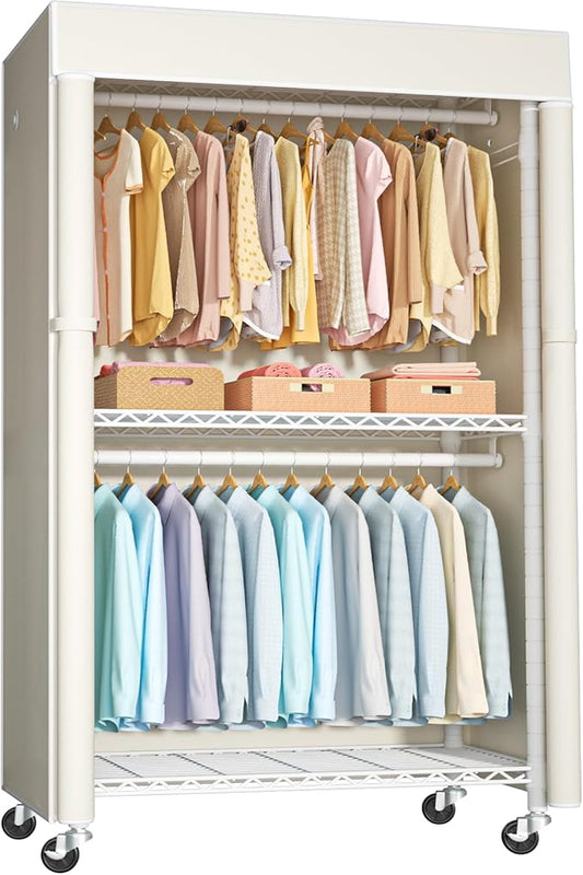 FUTASSI White Clothing Rack with Beige Cover, P1C Rolling Closets | Metal Garment Rack for Hanging Clothes, Clothing Storage Wardrobe, with Wheels