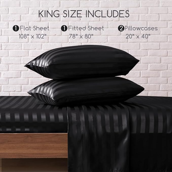 MR&HM Satin Sheets King Size with Elastic Corner Straps, Black Striped | Similar to Silk, 4-Piece Silky Soft Bed Sheet Set, Gentle on Skin and Hair, 15" Deep Pocket, Cooling & Breathable
