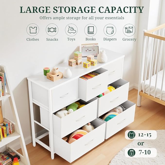 7-Drawer Dresser for Bedroom, Anti-Tip Wide Storage Organizer Fabric | Chest of Drawers TV Stand for 45" TV with Wooden Top and Metal Frame for Closet, Living Room, Hallway, Entryway, White