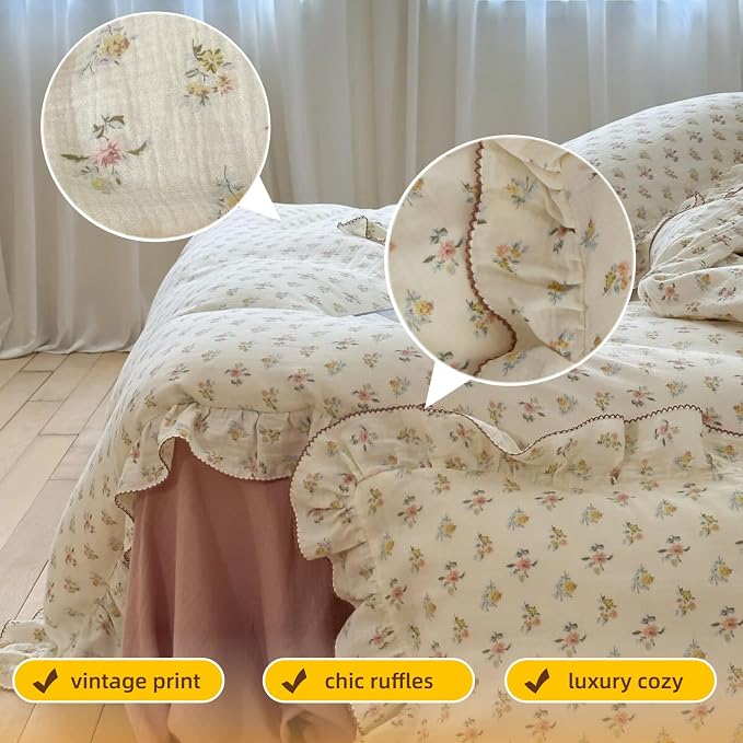 2-Layer Cotton Muslin Duvet Cover Full for Kids Girls Boys, Shabby Chic Floral Duvet Covers Beige Comforter/Quilt Cover with Ruffles, 79"x90", Azalea, No Pillow Cases
