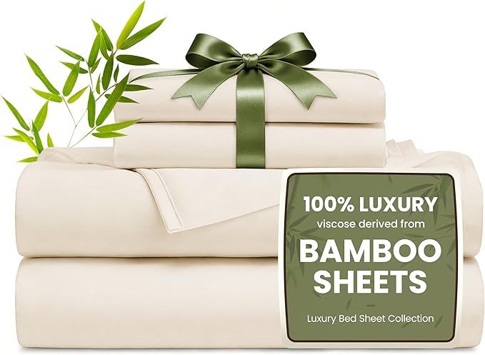 Love's cabin 4 Piece King Size Sheet Set, 100% Rayon Derived from Bamboo, Cooling & Breathable, Soft Silky Deep Pocket up to 16", Hotel Luxury Bedding for Hot Sleepers, Beige