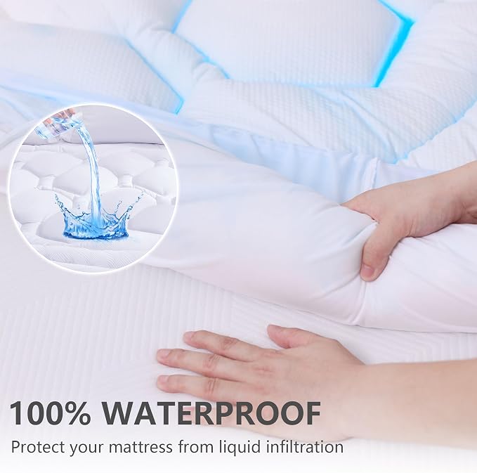 ELVEN HOME Twin Size Mattress Pad Waterproof, Pillow Top Cooling Twin Mattress Topper for Single Bed, Pee Proof Mattress Protector Cover Quilted Fitted with 8-21" Deep Pocket (39x75 inch, White)