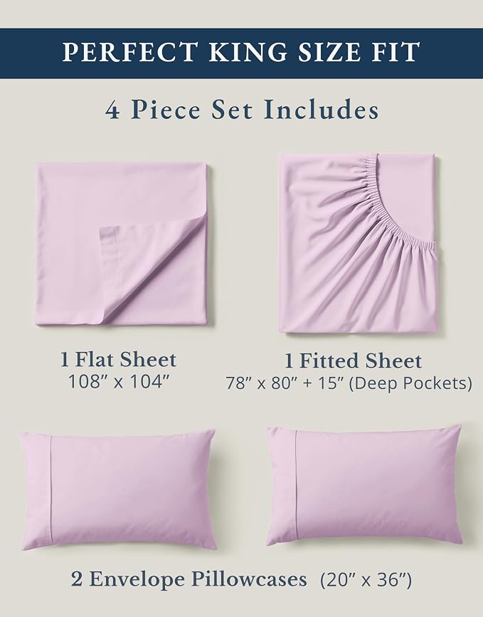 LANE LINEN King Sheets 100% Organic Cotton Cooling Soft 4pc - Orchid Petal | 100% Organic Cotton Percale King Sheet Set - Easy-Care Machine Washable, Breathable For Year-Round Sleep, For Hot Sleepers