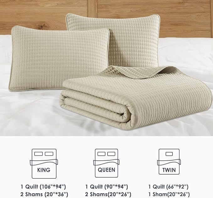 King Size Quilt-Lightweight Bedspreads Beige King Quilt Bedding Set | Soft Coverlet with 2 Pillow Shams for All Seasons, Suitable for Bed, Couch, 3 Pieces, 106"x94"