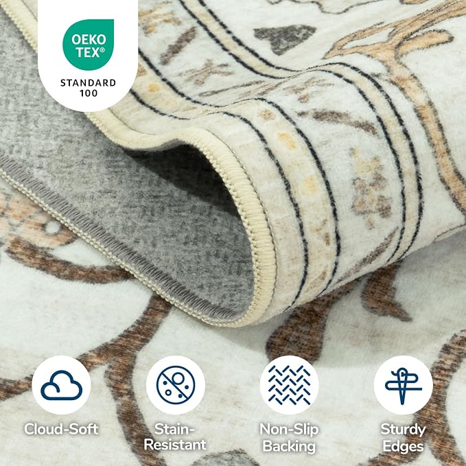 Area Rugs 8x10 for Living Room,Large Washable Carpet Light Beige | Boho & Vintage,Non Slip Backing,Works With All Vacuums,0.25inch Low Pile for Bedroom Dining Room Home Office,Family Friendly