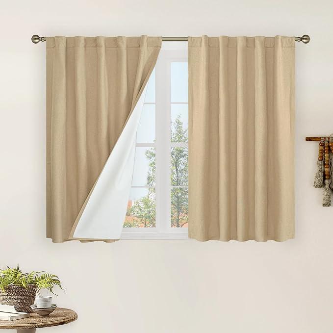 40 Inch Length 100% Blackout Linen Curtains for Kitchen Windows | Thermal Insulated, Curtains for Cafe, Privacy Drapes, Rod Pocket Back Tab, with White Liner, 2 Panels, 42 x 40 Inch, Burlap