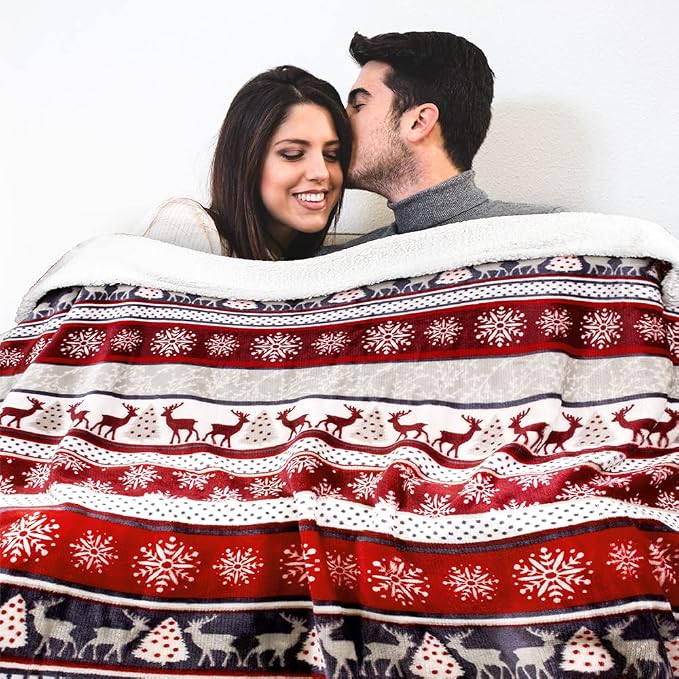 PAVILIA Christmas Sherpa Throw Blanket, Red & White Snowflake, Reindeer, Reversible Fleece & Sherpa Cozy Winter Blanket for Couch & Bed, 50x60, Christmas & Holiday Decor