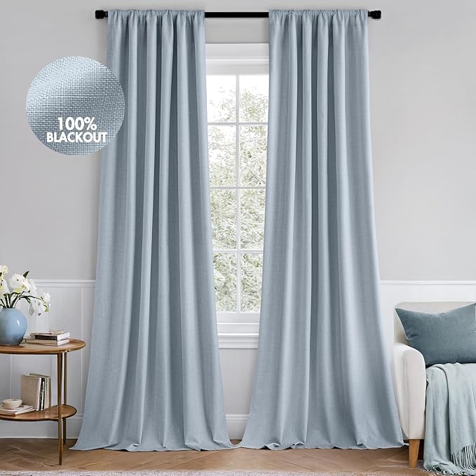 MIULEE 100% Blackout Back Tab Pleat Linen Curtains 50" Wx84 L,Chambray Blue | 2 Panels,Thick Faux Linen,Textured Drapes,with Hooks,for Bedroom Living Room,Black Out,Room Darkening