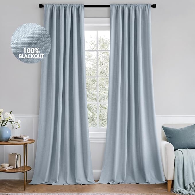 MIULEE 100% Blackout Back Tab Pleat Linen Curtains 50"Wx108"L,Chambray Blue | 2 Panels,Thick Faux Linen,Textured Drapes,with Hooks,for Bedroom Living Room,Black Out,Room Darkening