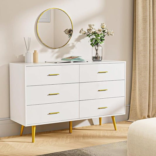 White 6 Drawer Dresser for Bedroom, 47" Wood Dresser with Gold Handles. | Modern Dressers & Chests of Drawers for Living Room, Hallway, Entryway.