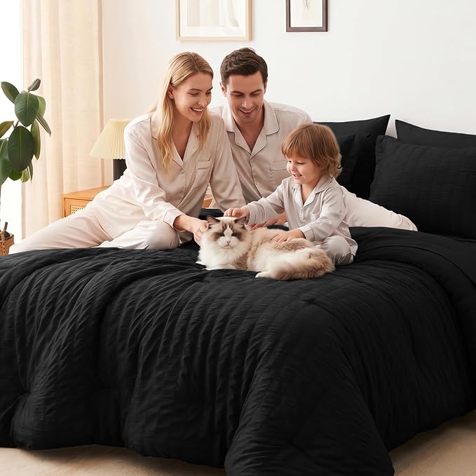 California King Comforter Set 7-Piece Black Seersucker Bed in a Bag | OEKO-TEX Certified, Cal King Bedding Sets with 240 GSM Down Alternative Comforter, Flat & Fitted Sheets, Pillowcases & Shams