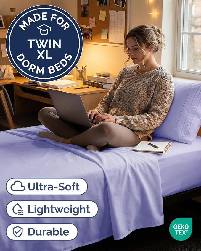 Twin XL 3 Piece Sheet Set - College Dorm Room Essentials - Lavender | Deep Pocket Bed Sheets for Women, Men, Teens & Students, Soft, Cooling, Breathable & Wrinkle Free, Oeko-Tex Bed Sheet Set