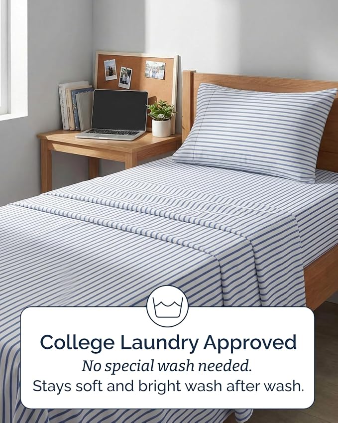 Twin XL 3 Piece Sheet Set - College Dorm Room Essentials - Blue Stripes | Deep Pocket Bed Sheets for Women, Men, Teens & Students, Soft, Cooling, Breathable & Wrinkle Free, Oeko-Tex Bed Sheet Set