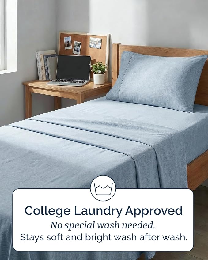 Extra Deep Twin XL Sheet Set - 3 Piece College Dorm Room - Heathered Blue | Soft, Breathable & Cooling, Easily Fits 18 to 24 inch Mattress, Wrinkle Free & Fade Resistant with Extra Deep Pockets
