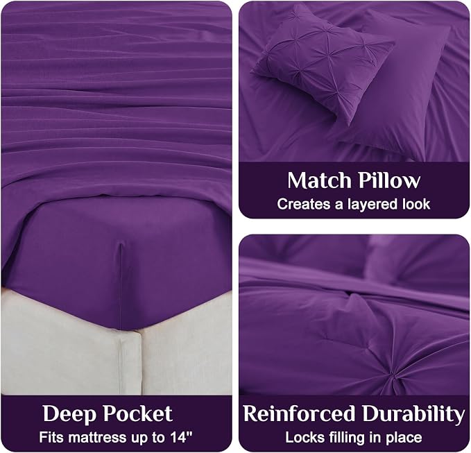 JOLLYVOGUE King Size Comforter Set 7 Pieces - Bed in a Bag King for All Season, Pintuck Bedding Comforter Sets with Comforter, Flat Sheet, Fitted Sheet and Pillowcases & Shams, Purple
