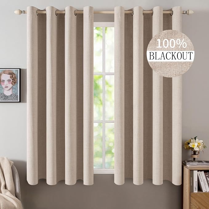 MIULEE 100% Blackout Linen Curtains for Bedroom 52x45 Inches Natural Beige | Room Darkening, Light Blocking, Thermal Insulated, Grommet Top, Linen Textured, Window Curtains for Living Room, 2 Panels