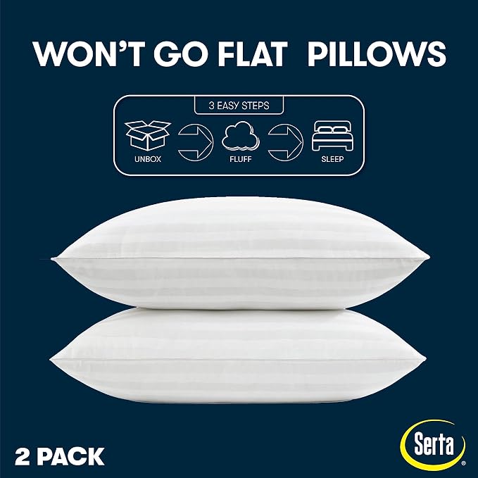 Serta Won't Go Flat Down Alternative Bed Pillows, Extra Life Foam Core with Medium Support, Perfect for Back, Stomach or Side Sleepers (2 Pack), Standard/Queen, White