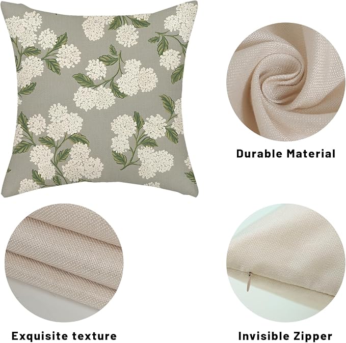 Grey Pillow Covers 22x22 Inch 2 Pcs Gray Green Hydrangea Flower Decor Throw Pillows Vintage Floral Seasonal Spring Summer Outdoor Decoration Pillowcase Linen Cushion Cover for Couch Sofa