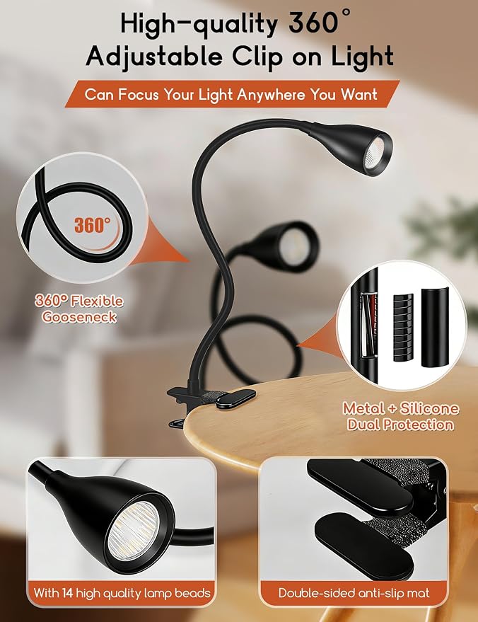 2 PCS Reading Light for Book in Bed,Clip on Light Reading Lamp with Adapter | 5 Color Modes 10 Brightness, Eye-Caring Clip on Desk Lamp Book Light for Reading in Bed Headboard Bedside Bedroom (Black)