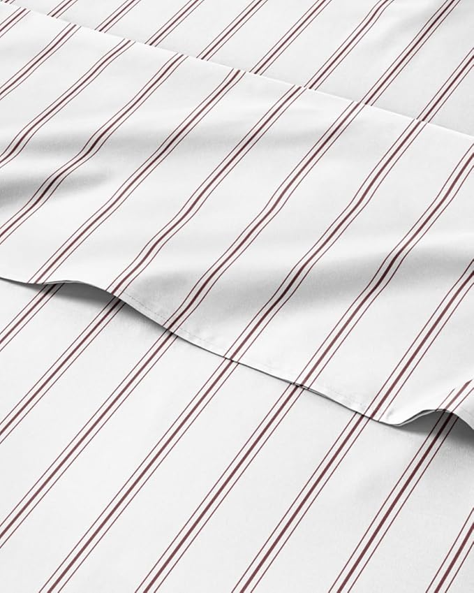 Queen 4 Piece Striped Sheet Set - Soft, Breathable & Cooling - Double Red | 1 Flat, 1 Fitted & 2 Pillowcases w/ Deep Pockets, Luxury Striped Bedding, Soft, Breathable & Cooling, Wrinkle & Fade Free
