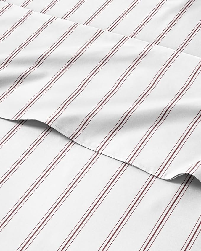 Full 4 Piece Striped Sheet Set - Soft, Breathable & Cooling - Double Red | 1 Flat, 1 Fitted & 2 Pillowcases w/ Deep Pockets, Luxury Striped Bedding, Soft, Breathable & Cooling, Wrinkle & Fade Free