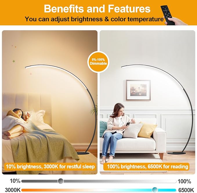 Dimmable LED Lamps for Living Room with 3 Color Temperatures, Ultra Bright 2000LM Arc Floor Lamps, Modern Standing Tall Lamp with Remote Control Reading Floor Lamp for Bedroom Office Classroom