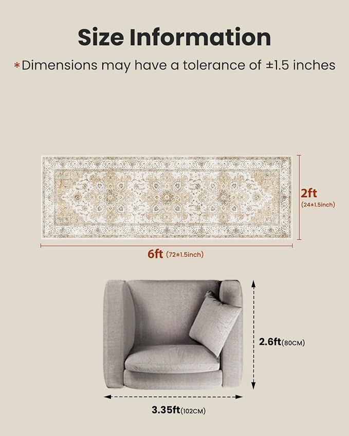 AMADA HOMEFURNISHING 2x6 Washable Runner Rug, Low-Profile Kitchen Rugs with Non-Slip Backing & Durable Edge Binding, Vintage Entryway Runner Rug for Bedroom & Hallway