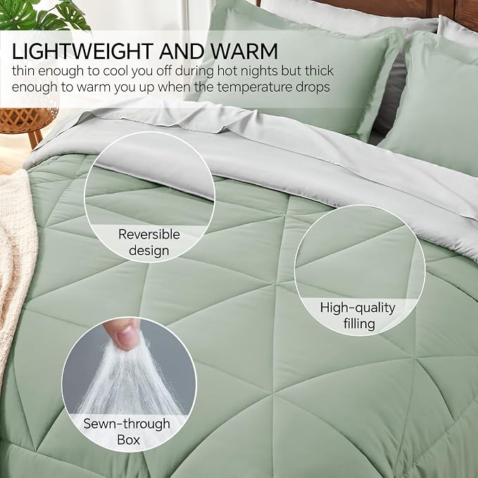 BEDELITE Cal King Comforter Set 7 Pieces, Sage Green Bed in A Bag | Soft All Season Down-Alternative Comforter, Sheets, Pillowcases & Shams, OEKO-TEX Certified Bedding for Bedrrom, Guest Room