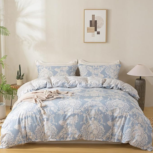 OAITE King Duvet Cover Set 3pcs 100% Cotton with Blue Damask Vintage Floral | Soft, Breathable,Long-lasting,Comfort,Dual Zipper,8 Corner Ties,Easy Care for All Season