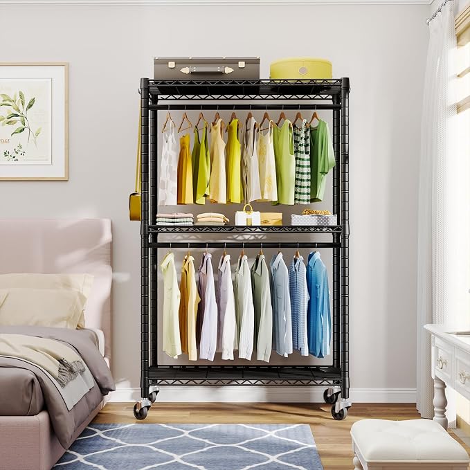 FUTASSI Rolling Clothes Rack, Clothing Racks for Hanging Clothes, Black | P3 Heavy Duty Garment Rack with Wheels, Freestanding Portable Closet Racks 39.4'' W x 14'' D x 78.5'' H, Max Load 470 LBS