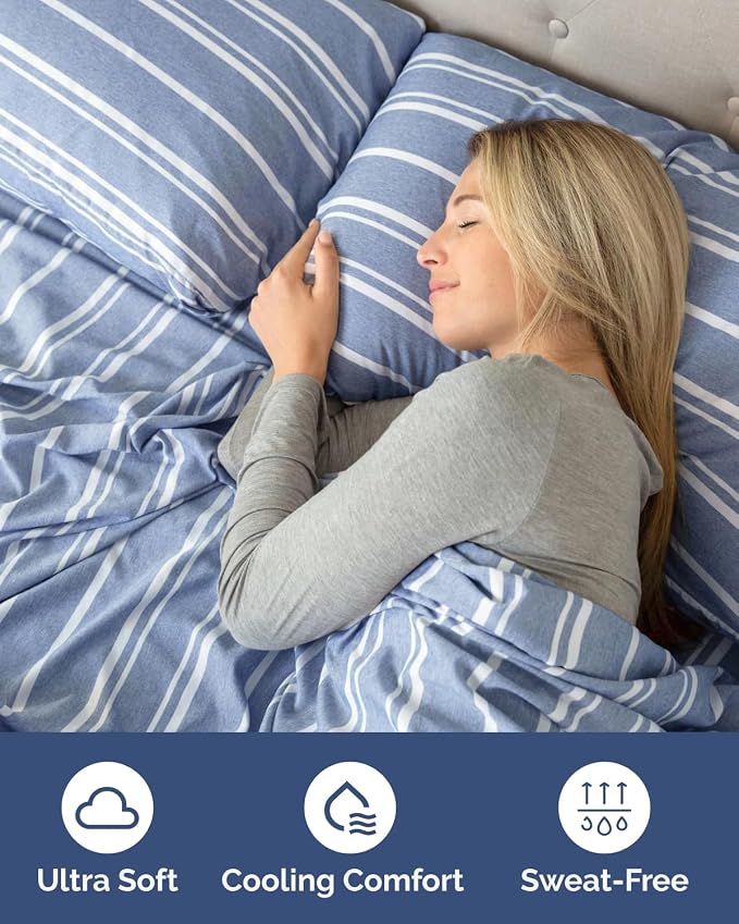 2 Pack Extra Deep Queen Fitted Sheets with Deep Pockets - Blue Stripes | Hotel Luxury Bottom Fitted Sheets Only, Soft, Fade & Wrinkle Free, Breathable & Comfy, All Around Elastic Fitted Sheets