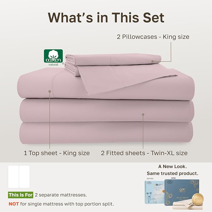 California Design Den 100% Cotton Sateen Split King Bed Sheet Set, 5 Pcs | 500 Thread Count with Good Housekeeping Seal, Split King Sheets Sets for Adj. Bed with 2 Sep. Twin-XL Mattresses - Soft Rose