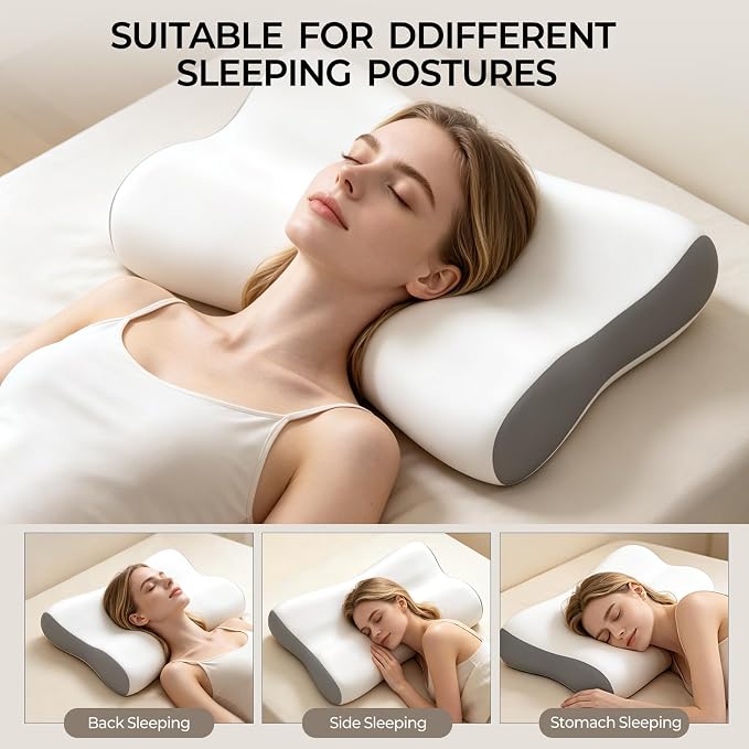 Polovo Cervical Neck Pillow - Ergonomic Side Sleeper Pillow for Pain Relief, Contour Memory Foam Pillows for Deep Sleep, Orthopedic Cooling Pillow Bed Pillow for Side Back Stomach Sleepers(White&Grey)