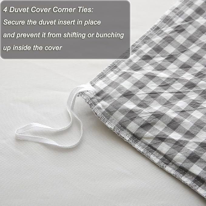 Silnuo Gray/White Gingham Plaid Ruffle 3-Piece Duvet Cover Set Queen Size | 100% Washed Cotton Shabby Gingham Plaid Bedding Set Farmhouse Comforter Set(Queen,Gray/White)