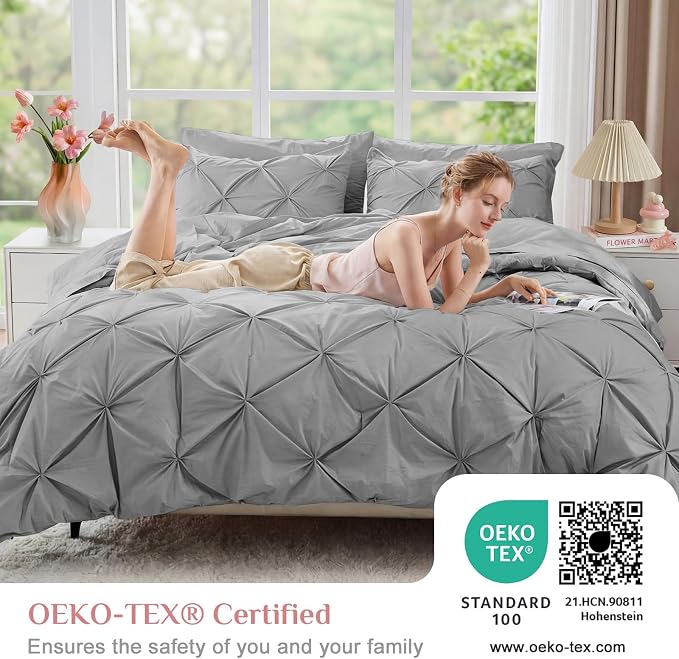 JOLLYVOGUE Twin XL Comforter Set 5 Pieces - Bed in a Bag Twin XL for All Season, Pintuck Bedding Comforter Sets with Comforter, Flat Sheet, Fitted Sheet and Pillowcases & Shams, Light Grey