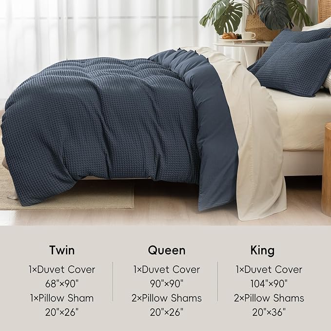David's Home Textured Waffle Weave Duvet Cover Set, Twin Size, Indigo | Breathable Cozy for All Season, 300GSM, 2PCS Home Bedding Decor, OEKO-TEX Certified, Hidden Zipper, 6 Corner Ties, 68" X 90"