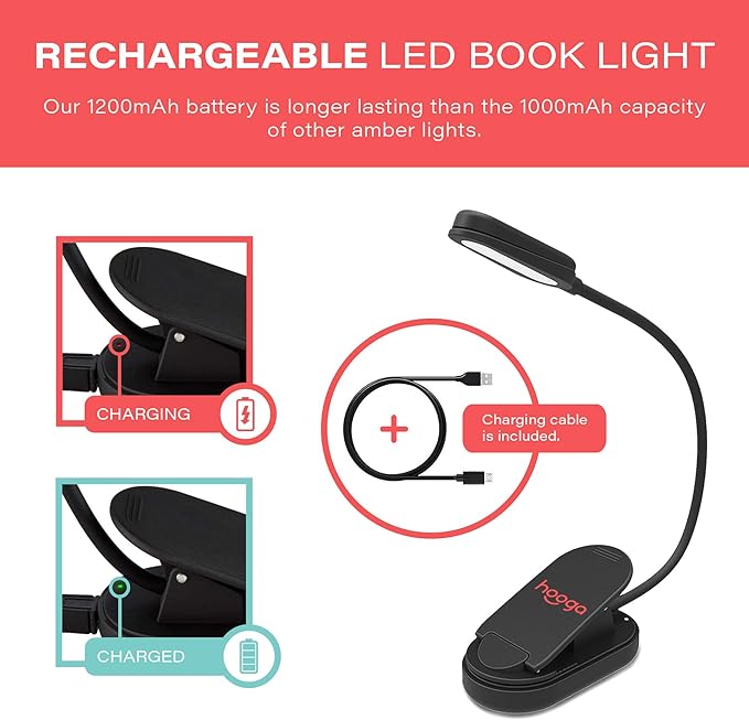 hooga Amber Book Light, Rechargeable Clip-On Blue Light Blocking LED Reading Light, 1600K Warm Eye Care for Bed, Students, Kids, Travel, Nursing, Studying