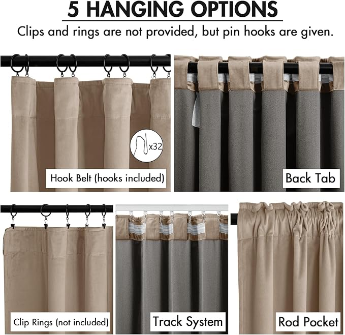 MIULEE Velvet Curtains 50W x 108L 2 Panels Camel Beige Blackout Curtains | Luxury velvet fabric, pinch pleat design, back tab hooks, thermal insulated, blackout light blocking, for living room bedroom