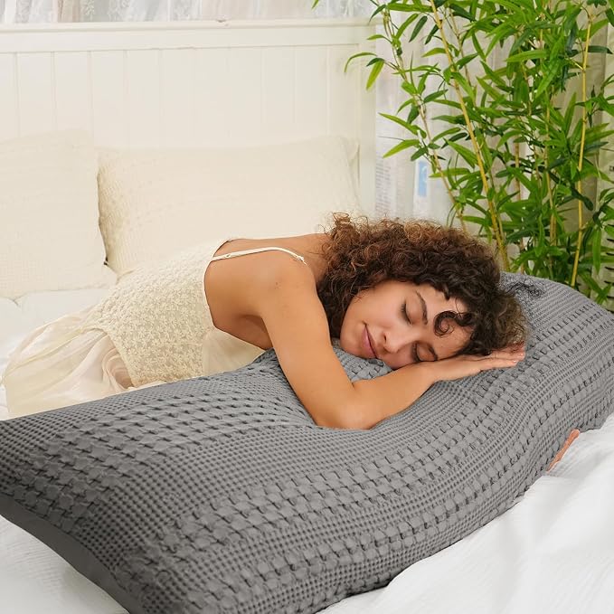 PHF 100% Cotton Waffle Body Pillowcase with Zipper, 1 Pack 20" x 54" Soft Skin-Friendly Pillow Sham, No Filling, Aesthetic Woven and Breathable Waffle Weave Body Pillow Cover for Bed, Dark Grey