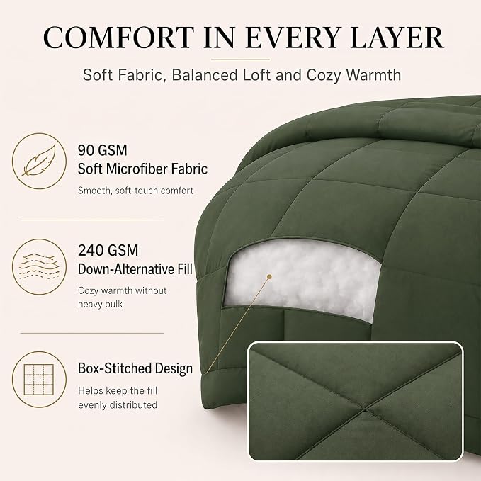 Full Size Comforter Sets Olive Green - 7 Pieces Bed in a Bag | OEKO-TEX Certified, All-Season, Bedroom, Guest Room, Down-Alternative Comforter + Flat & Fitted Sheets + 4 Pillowcases