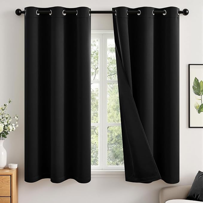 MIULEE Black 100% Blackout Curtains for Bedroom 40x54 Inch Length | 2 Thick Layers Thermal Insulated Short Window Curtains, Noise Reducing Grommet，Drapes for Kitchen Living Room, 2 Panels