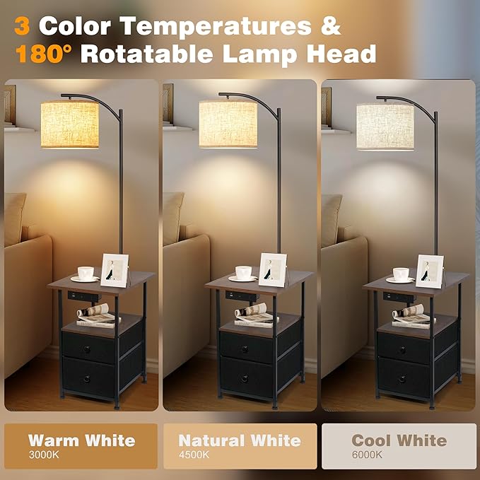 PESRAE Floor Lamp with Table & 2 Drawers, End Table with Lamp, Rustic Brown | Charging Station with USB, Type-C & AC Outlet; 9W LED Bulb with 3 Color Temperatures for Bedroom, Living Room & Home Office