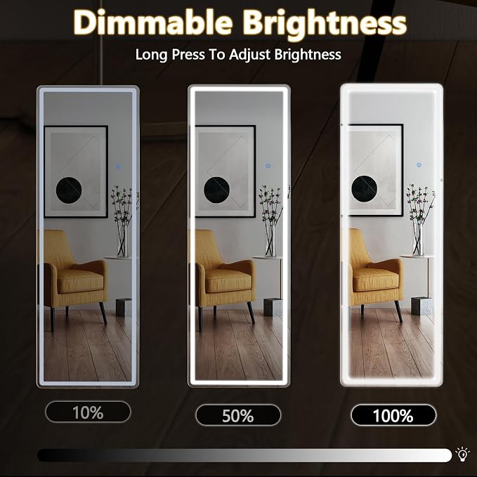 Sweetcrispy LED Full Length Floor Mirror, 60"x16" Lighted Full Body Mirror | Standing Mirror with Dimming & 3 Color Lighting, Shatterproof Tempered Glass, Wall Hanging or Leaning for Home Decor, White